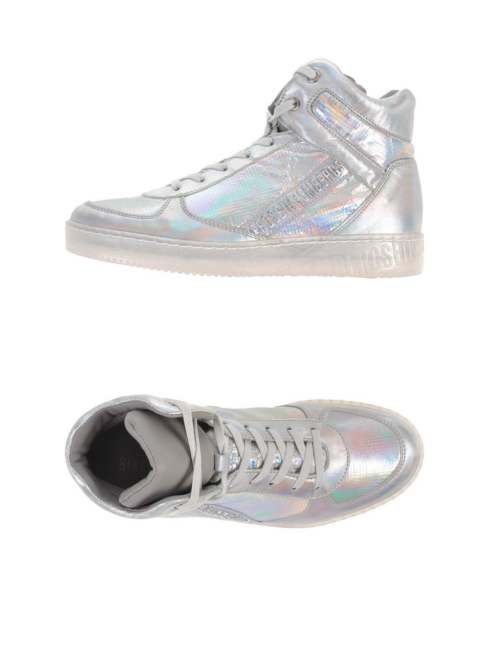 Bikkembergs Silver Holographic High-Top Leather Sneakers, Size 7